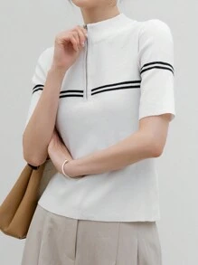 Dazy-Less Women's Zipper Half Placket Striped Short Sleeve Business Casual Knit Top Old Money Style - White - View 4