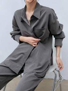 Dazy-Less 纯色纽扣前开襟落肩衬衫和开衩裤，复古风格，女士两件套，返校季服装，商务休闲女装，居家服套装 - 灰色 - 查看 2