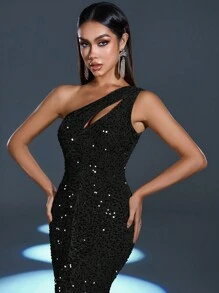 Faeriesty 优雅迷人的单肩亮片开衩晚礼服 - 完美适用于红毯活动、奢华婚礼、正式晚宴、浪漫约会、毕业舞会和生日派对，春夏连衣裙 - 黑色 - 查看 3