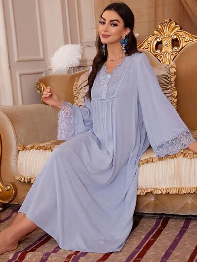 PalaceNights 撞色蕾丝细节睡衣连衣裙，睡袍长裙，奢华家居服，宽松睡裙，秋冬舒适优雅细节