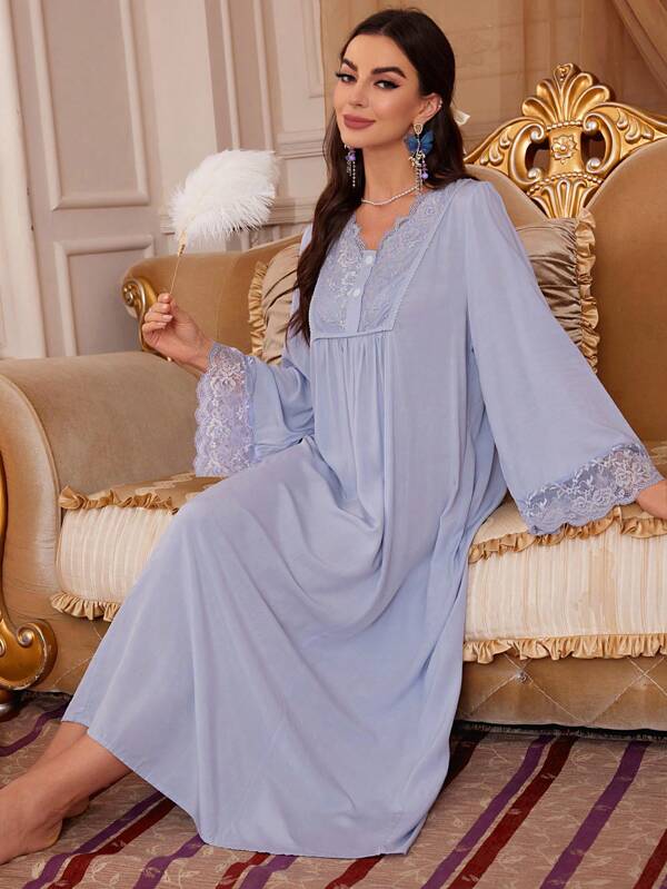 PalaceNights Cămașă de noapte tip pijama cu detalii în dantelă contrastantă, rochie lungă tip babydoll, Luxeloungewear, Vacation
