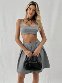 SHEIN Unity Women's Back Tie Solid Color Camisole Top And Pleated Skirt 2pcs Set - Grey - View 5