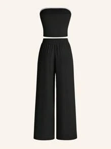 SHEIN EZwear Women's Summer Casual Simple Strapless Top And Wide Leg Pants Two Pieces Set