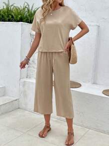 SHEIN LUNE 2 件套女士蝙蝠袖上衣和裤子夏季服装夏季两件套亚麻套装 - 卡其色 - 查看 3