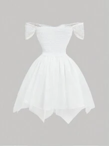 SHEIN MOD Váy xòe nhiều lớp lưới hoa 3D màu trắng lệch vai Váy cổ tích, mùa hè, bữa tiệc, đám cưới - trắng - Xem 2