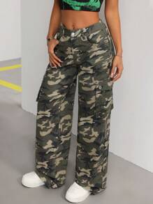 SHEIN ICON Women's Casual-Fit Wide-Leg Camouflage Denim Cargo Pants - Multicolor - View 4
