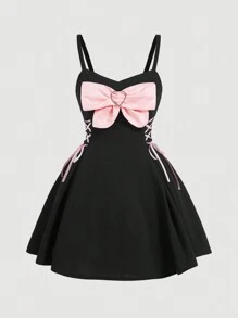 SHEIN MOD Plus Size Summer Colorblock Bowknot Princess Dress, Perfect For Date Night - Black - View 1