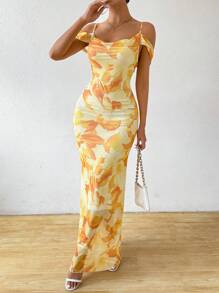 Chiquease Mesh Double Layers Bodycon Long Dress Maxi Women Outfit - Yellow - View 5