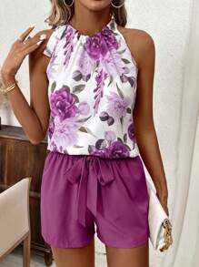 SHEIN Clasi Bộ áo không tay cổ yếm có dây thắt lưng và quần short màu trơn có túi, trang phục 2 món thường ngày mùa hè - Màu tím - Xem 5