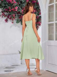 PARTHEA Backless Crisscross Lace Up Ruched Boning Corset Cami Dress