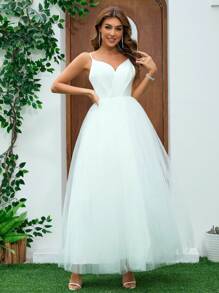 深 V 领缎面褶皱吊带连衣裙，网眼撞色，婚纱白色优雅新娘礼服 - 白色 - 查看 3