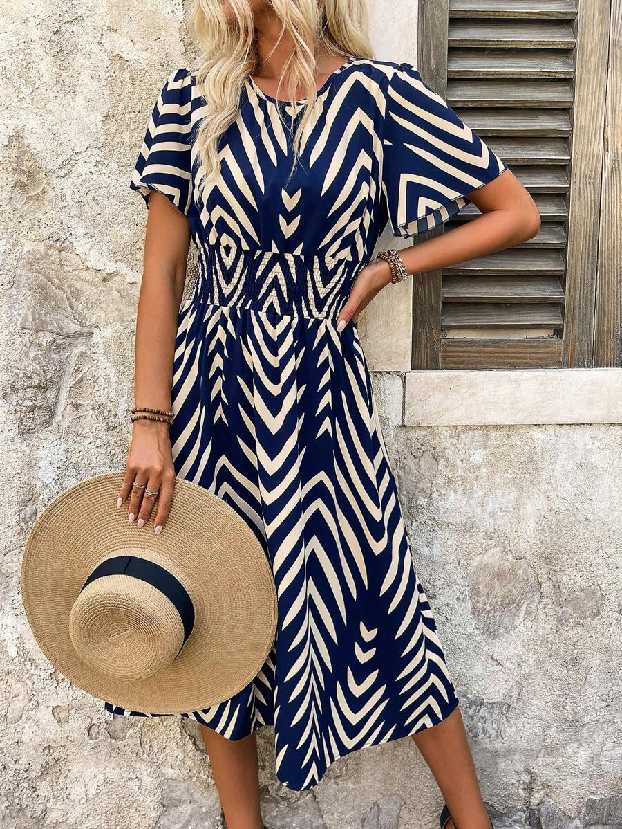 SHEIN Clasi Women's Round Neck Striped & Printed Cinched Waist Short Sleeve Dress - Blue - View 1