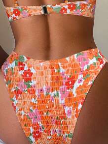 SHEIN Swim Women's Summer Beach Orange Floral Print Bikini Bottom With Random Print - Multicolor - View 2
