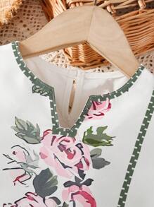 Robe élégante d'été décontractée imprimée floral à encolure en V encoche pour fillette avec manches courtes pour les vacances - Multicolore - Voir 4