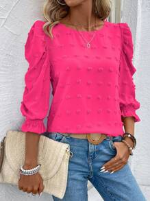 EMERY ROSE Camisa casual de vacaciones para mujer de unicolor con mangas abullonadas, parte superior de manga tres cuartos