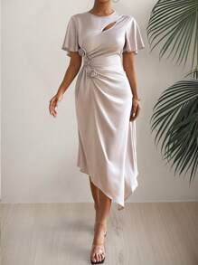 Chiquease Women's Summer Solid Color Round Neck Ruffled Short Sleeve Long Elegant Dress With 3D Flower Decoration - Apricot - View 1