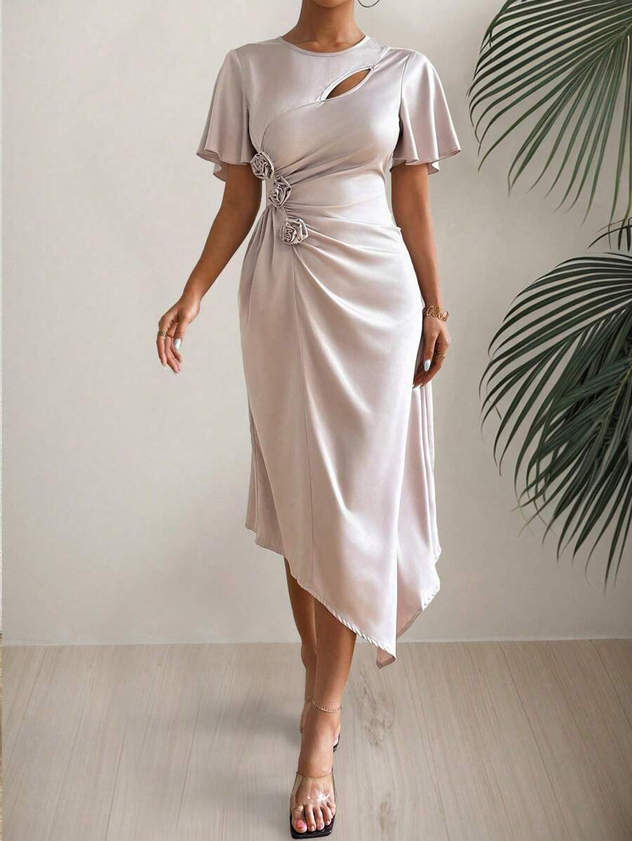 Chiquease Women's Summer Solid Color Round Neck Ruffled Short Sleeve Long Elegant Dress With 3D Flower Decoration - Apricot - View 1