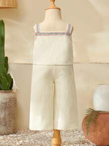 Baby Girl Tank Top Cami Top And Flouncing Solid Color Pants 2pcs/Set, Summer Holiday Outfit - Apricot - View 2
