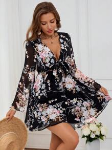 SHEIN VCAY Vacation Woven Printed V-Neck Bell Sleeve Bodycon Mini Dress For Women