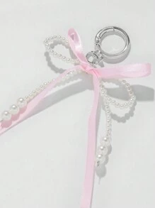 ROMWE Kawaii 1pc Korean Style Simple And Sweet Faux Pearl Pink Ribbon Bow Knot Pendant Keychain Keyring Bag Charm Valentines - Pink - View 8