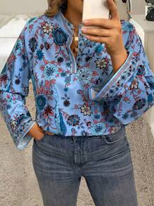 Breezaya 加大尺碼全印花凹口領長袖上衣