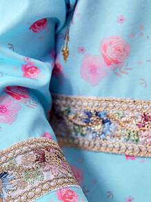 SHEIN Baby Girl Round Neck Long Sleeve  Flower Print Dress - Blue - View 5