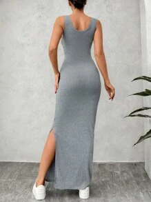 EURMUSE Stone Diamond Embellishment Women's Long Rib Dress - Dark Grey - View 2