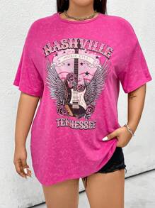Flirla Plus Size Women's Summer Loose Fit Casual T-Shirt With Round Neck, Drop Shoulder Sleeves, Letter And Wing Print - Hot Pink - View 5