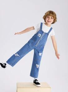 YOUNG BOY Casual Street Style Medium Blue Distressed Denim Overalls With Zipper Closure And Patch Decoration For Adjustment
