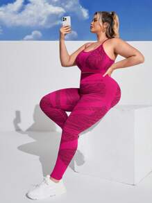 Gameset SHEIN Sport Plus Size Women's Printed Gym Tank Top And Leggings Workout Set - Hot Pink - View 1