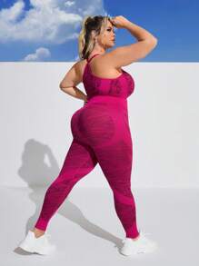 Gameset SHEIN Sport Plus Size Women's Printed Gym Tank Top And Leggings Workout Set - Hot Pink - View 3
