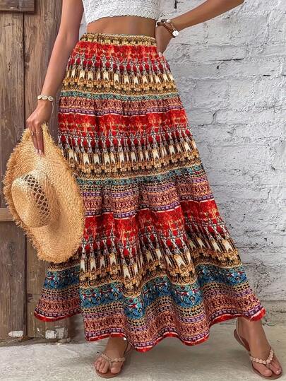 Plus Size Vintage Print Holiday Leisure Skirt Maxi Women Outfit