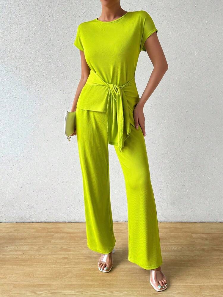 Women's Summer Casual Solid Color Asymmetrical Hem Tie Short Sleeve T-Shirt And Long Pants Two-Piece Set