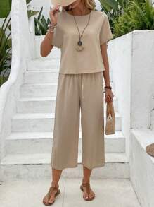 SHEIN LUNE 2 件套女士蝙蝠袖上衣和裤子夏季服装夏季两件套亚麻套装 - 卡其色 - 查看 1