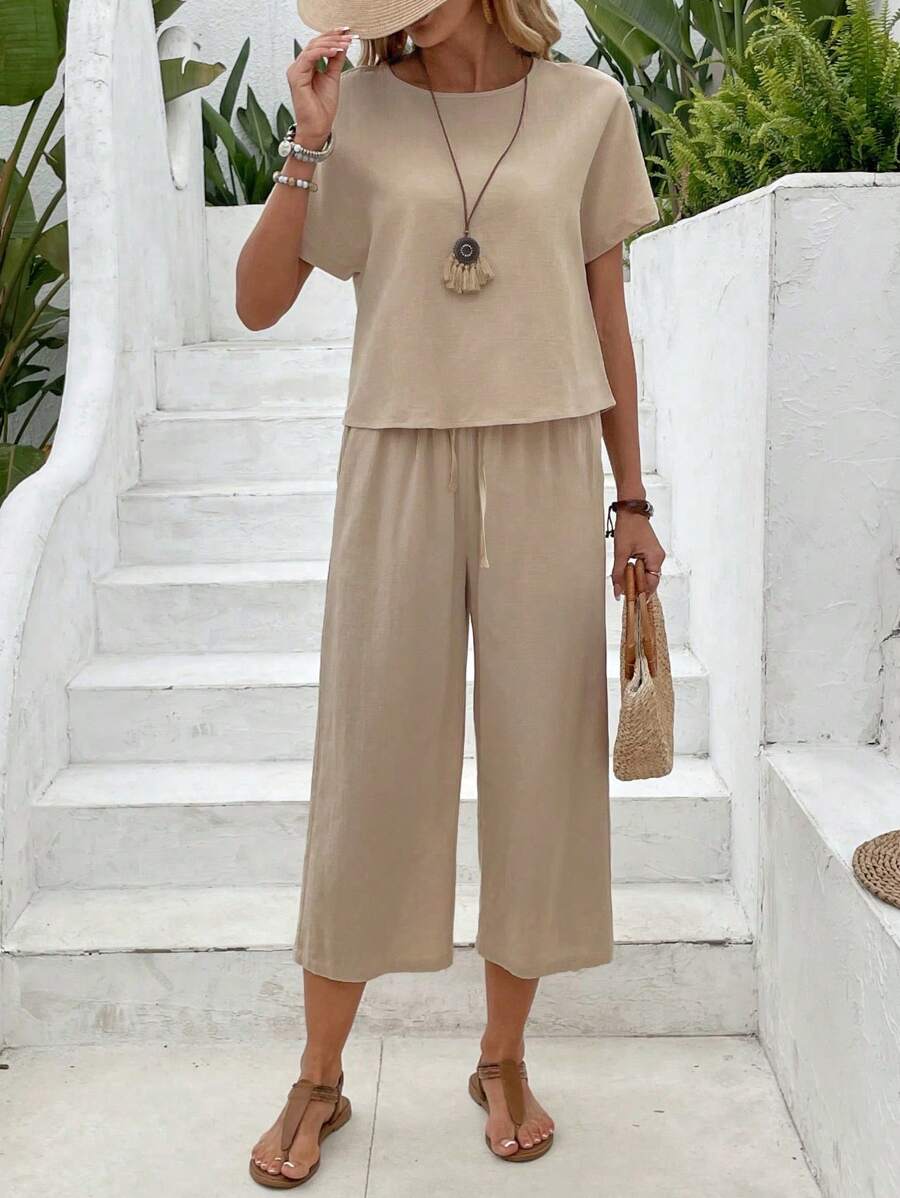 SHEIN LUNE 2 件套女士蝙蝠袖上衣和裤子夏季服装夏季两件套亚麻套装 - 卡其色 - 查看 1