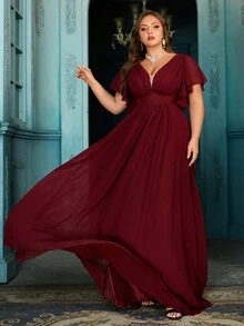 QOQ Vestido de noite feminino elegante e simples, plus size, vestido formal sofisticado para festas noturnas, galas, jantares da alta sociedade, coquetéis, bailes de formatura, cerimônias de premiação, vestidos de cor sólida - Borgonha - Ver 2