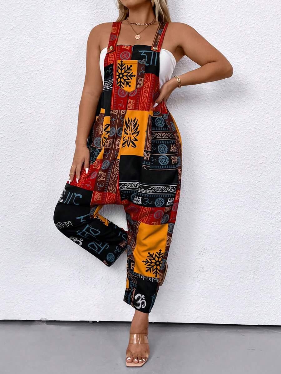 SHEIN LUNE Cộng với kích thước kỳ nghỉ Chắp vá thông thường In Drop Crotch Jumpsuit - Nhiều màu - Xem 1