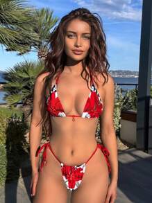 SHEIN Swim Women's Summer Beach Floral Print Halter Strap Sexy Bikini Set