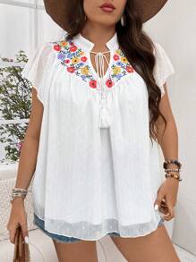 Flirla Plus Size Summer Floral Print V-Neck Blouse With Short Flutter Sleeves - Beige - View 5