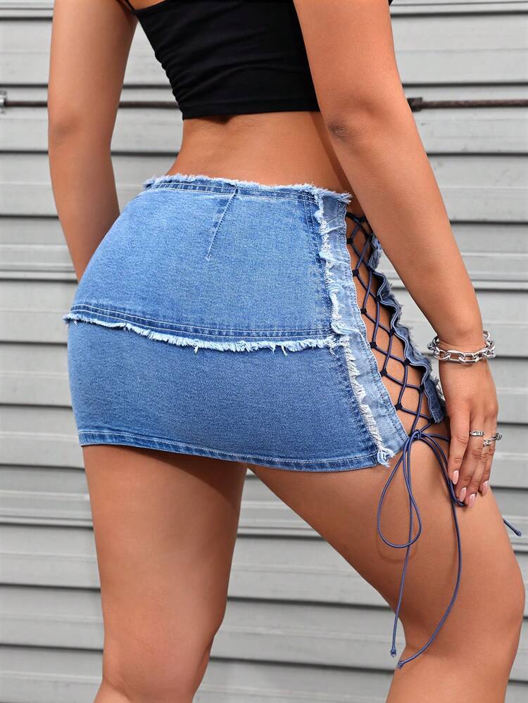 Summer Sexy Hollow Out Side Cross Tied Slim Fit Denim Mini Skirt, Washed