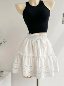 SHEIN Privé 女款白色刺繡花邊A字迷你裙，夏季款 - 白色 - 查看 7