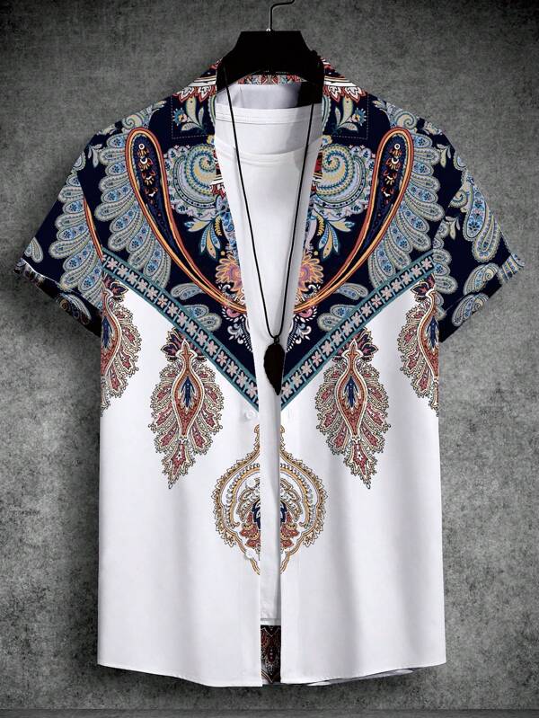 Manfinity RSRT Cămașă pentru bărbați în stil boho cu mânecă scurtă, cu imprimeu caisley, pentru vacanță