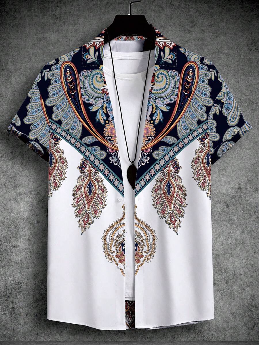 OTTIMOZO Men's Boho Style Short Sleeve Shirt With Paisley Print Graphic, For Vacation - Multicolor - View 1