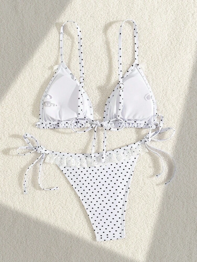 Women's Summer Beach Polka Dot Printed Ruffle Edge Sexy Bikini Set