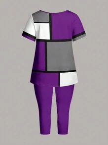 EMERY ROSE Plus Size Women's Slimming Asymmetrical Color Block Grid T-Shirt And Leggings Set, Pink, For Summer - Purple - View 2