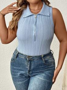 SHEIN LUNE Women's Plus Size Sleeveless Knitted Zipper Half Placket Tight Top, Summer - Blue - View 5
