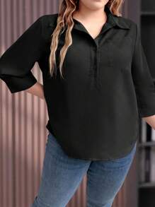 EMERY ROSE Plus Size Solid Color Button-Up Turn-Down Collar Casual Shirt For Summer Fall - Black - View 4