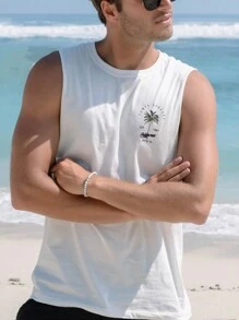 Camiseta de tirantes casual de cuello redondo con estampado de letras y palmeras para hombres en verano