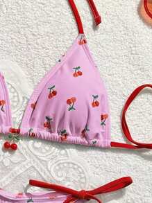 Bellisia Women's Summer Beach Cherry Printed Halter Neck Tie Sexy Bikini Set