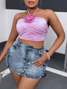 Dripcurv Plus Size Women's Denim Skirt, Sexy Stretchy Bodycon Skirt With Utility Pockets, Blue